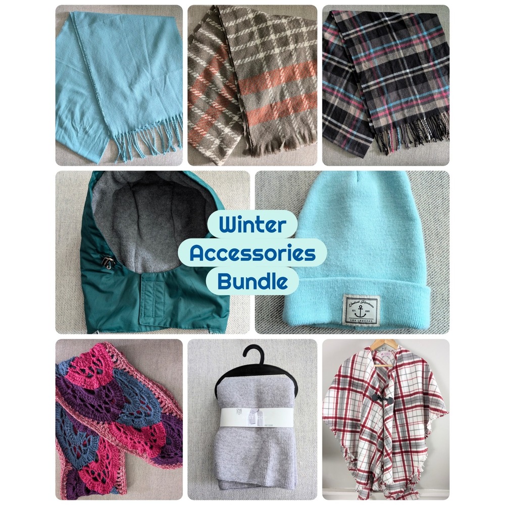 Winter Accessories Bundle 9pc Scarves Beanie Fleece Shawl Zip On Hood Plaid Knit